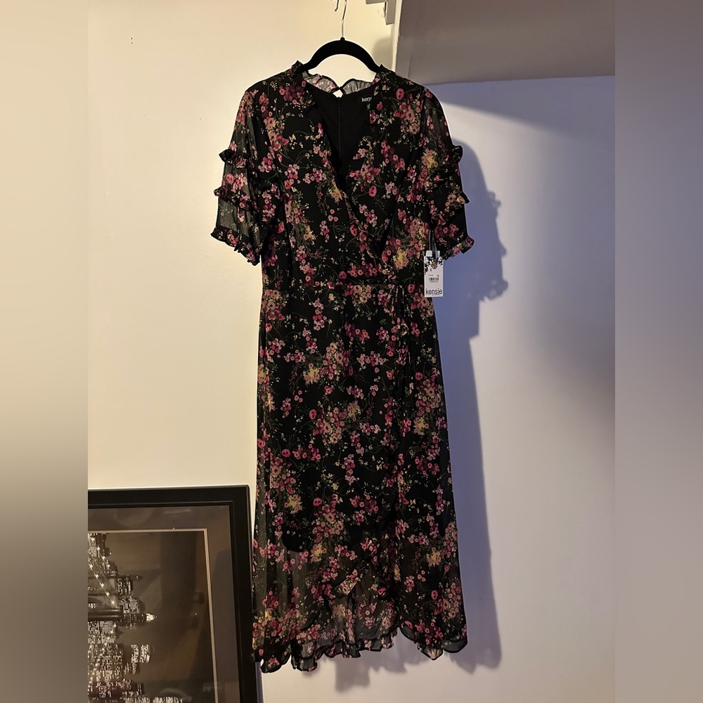 Kensie Floral-Print Ruffled Wrap Midi Dress